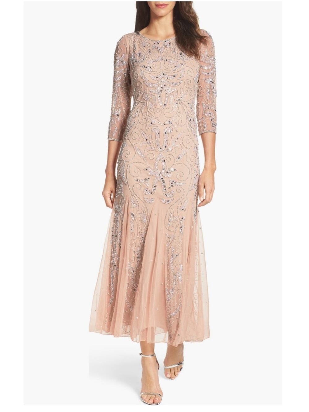 Pisarro Nightsts Beaded Illusion Sleeve Midi Dress Blush Pink NWOT